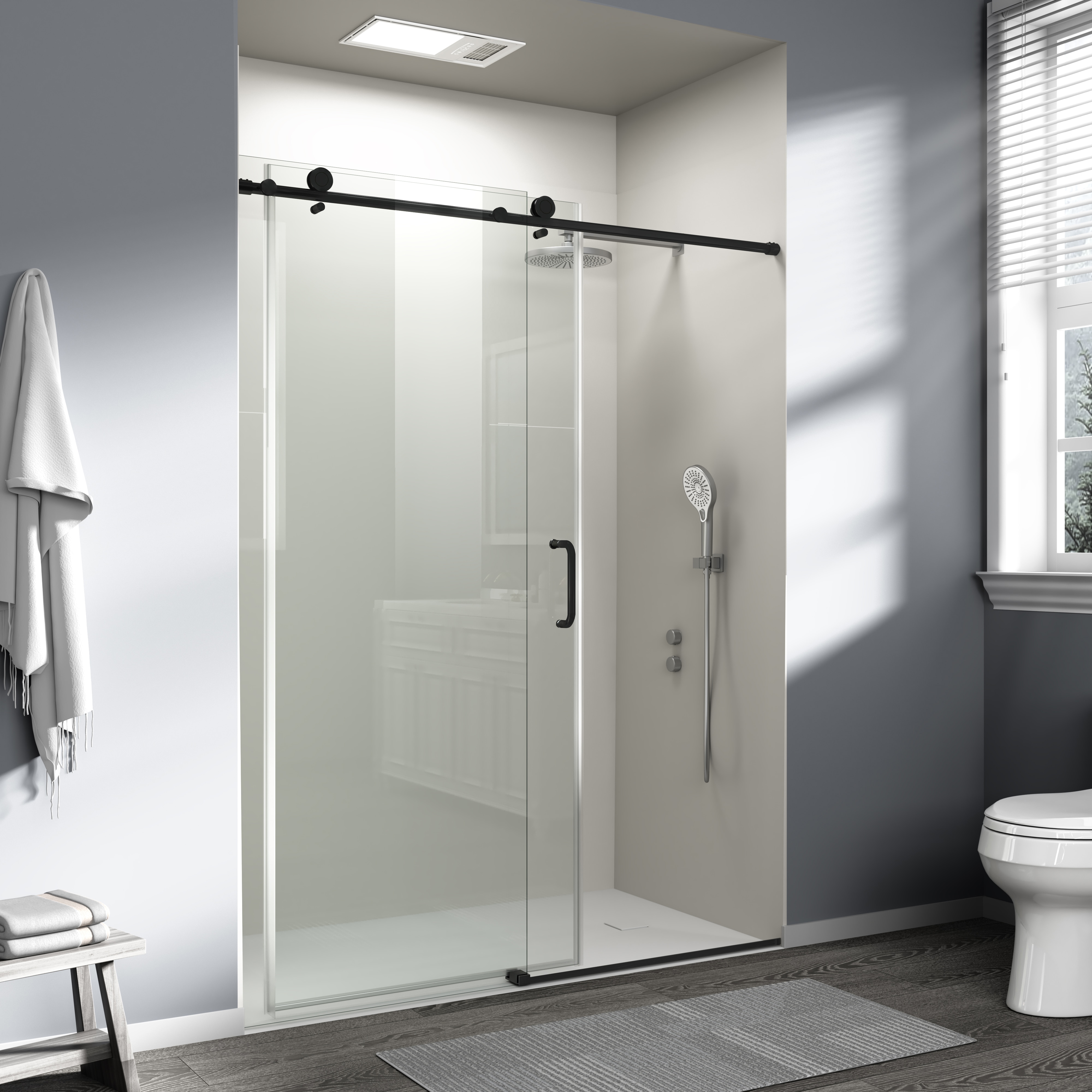 Frameless Sliding Shower Door 60 Inch Matte Black For Bathroom_voghion.com